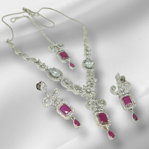 Hnk 7112 Silver plated Ad zircon Necklace set (Ruby)
