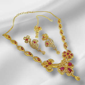 Hnk 7085 Gold plated Ad zircon Necklace set (Ruby)