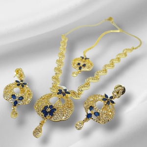 Hnk 7116 Gold plated Ad zircon Necklace set (Sapphire)